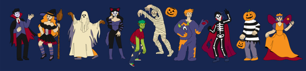 Halloween people. Holiday costume. Spooky ghost. Vampire man. Witch and scary mummy. Woman in princess dress. Character skeleton. Masquerade group. Carnival party clothing. Vector autumn monsters set