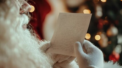 Santa Claus, wearing white gloves, reading a letter on Christmas Eve. - Powered by Adobe