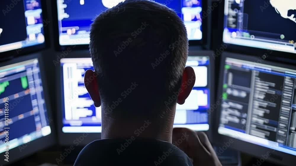 Poster security analyst deeply focused on analyzing data on computer screens in a dimly lit room. the intri