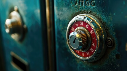 Close-up of a vintage lock mechanism with a combination dial, showcasing weathered metal and intricate details.