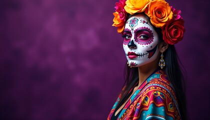 Festive Spirit Day of the Dead D&iacute;a de los Muertos Mexican Woman Traditional Attire Copyspace