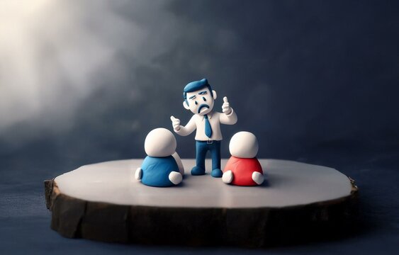 A clay figurine of a man in a suit is standing on a wooden platform. He is frowning and gesturing angrily toward two clay figurines, one wearing blue and one wearing red.