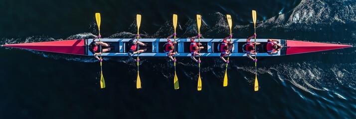 Aerial View Of Rowing Team In Red Canoe On Lake, Teamwork Concept For Business Finance And Sports 97