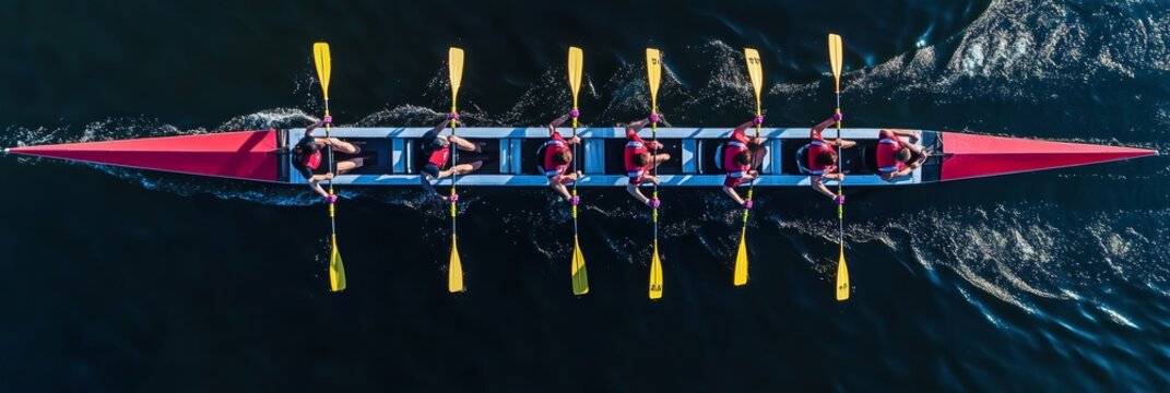 Aerial View Of Rowing Team In Red Canoe On Lake, Teamwork Concept For Business Finance And Sports 97