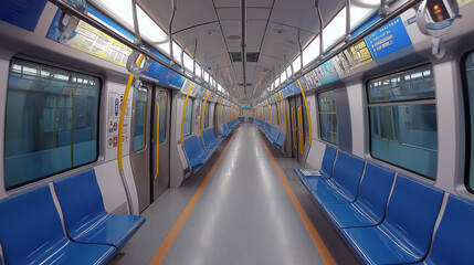 Fototapeta premium Authentische U-Bahn-Innenaufnahme: Menschenleere im modernen Waggon, dynamische Perspektive mit urbaner Atmosphäre. Alltägliches Stadtleben