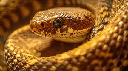 Obraz premium Close-up view of a beautiful golden snake showcasing intricate scales and captivating eyes in a natural habitat.