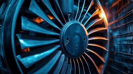 Close-up of a large, powerful jet engine fan.  The blades are made of metal and are spinning rapidly.