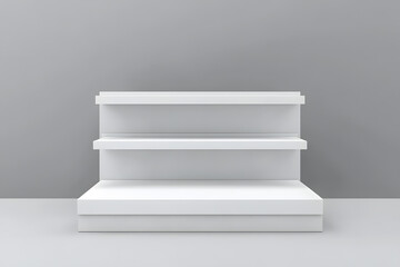 3d White Empty Product Display For Supermarket With Shelves mock up Isolated on white background. Retail shelf, ,display mockup.	