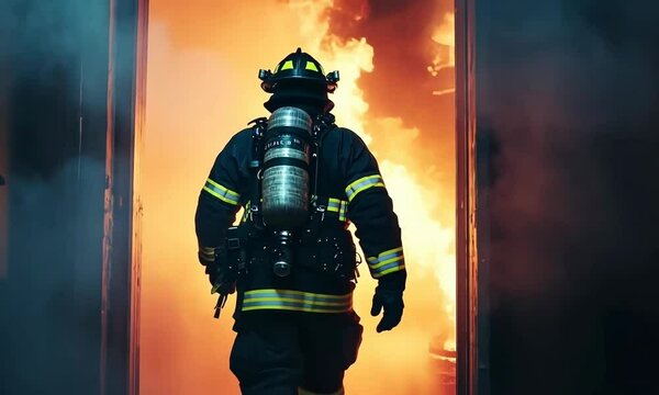 A determined firefighter in full gear walking into a burning building.