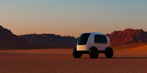 Obraz premium Autonomous electric vehicle explores a sunset on a barren, martian like red planet, providing a vision of future transportation