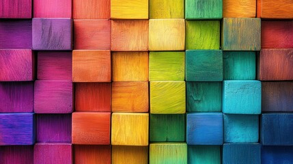 A colorful abstract geometric wall design with 3D wooden cubes and rainbow hues, forming a dynamic and modern background