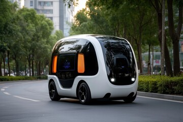 Sleek self driving shuttle bus glides through a busy city street, surrounded by trees and tall buildings, showcasing future transportation with innovation and technology
