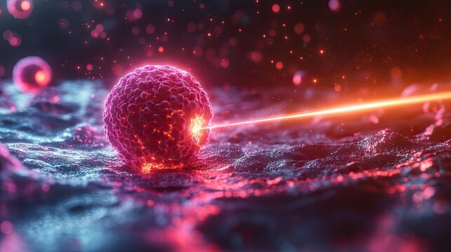 cancer cell being precisely targeted by advanced medicine depicted with laser beam hitting the cell