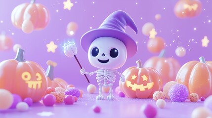 Obraz premium Cheerful Skeleton in Wizard Hat Surrounded by Pumpkins