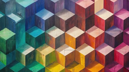A colorful geometric cube pattern on a wooden wall, with vibrant 3D textures and a rainbow-colored palette, ideal for abstract designs