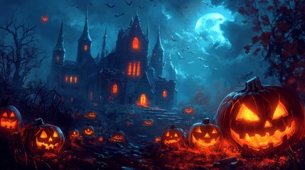 Halloween night background with a haunted house and pumpkins