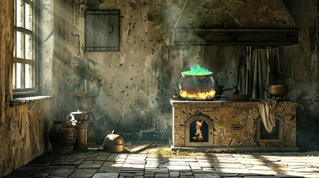 Rustic kitchen with cauldron over open fire and medieval elements. Seamless loop video background