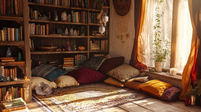 Cozy reading nook with colorful cushions, bookshelves, and natural light filtering through a window, perfect for relaxation.