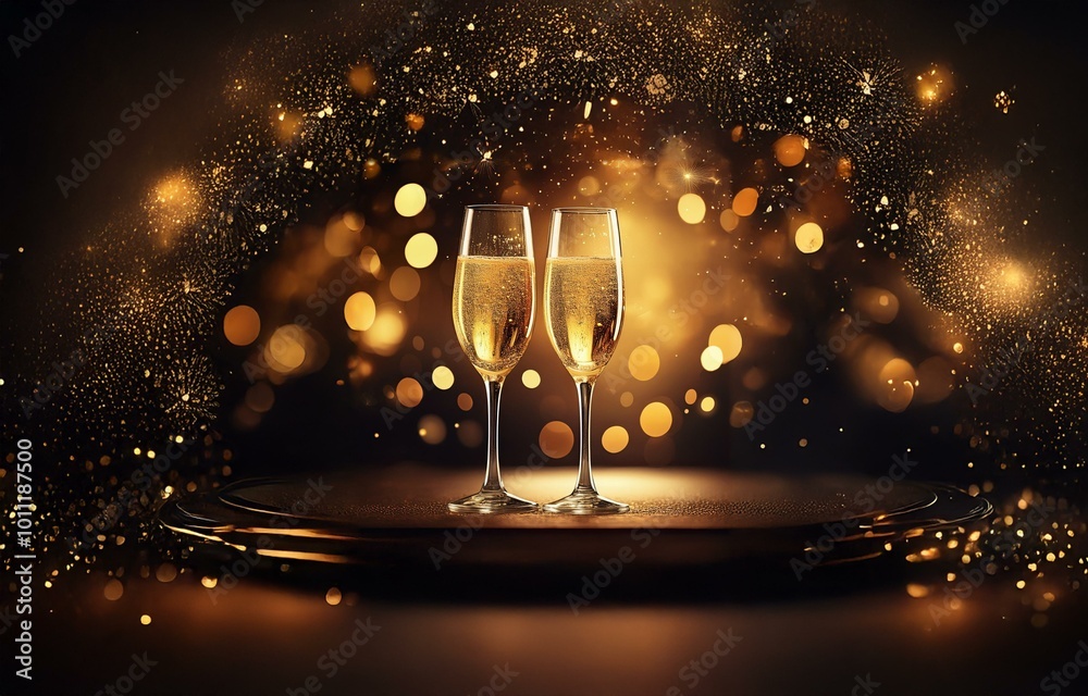 Wall mural two champagne flutes filled with bubbly sit on a dark tabletop with a blurred background of golden l