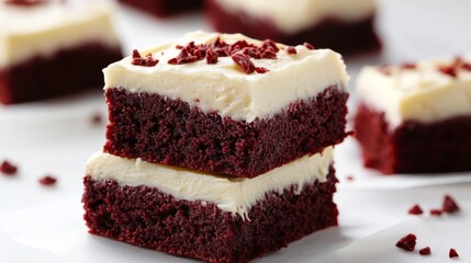Rich red velvet brownies filled with creamy cheese frosting, layered on a white background.