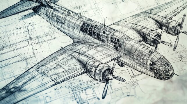 Detailed blueprint illustration of a vintage aircraft, showcasing intricate designs and engineering elements for aviation enthusiasts.
