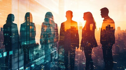 Double exposure image of successful business people with a modern city skyline. The scene reflects teamwork and agreement in a high-rise office setting.