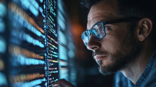 Digital engineer analyzing data on computer screens. The close-up of code and data displays represents a futuristic and strategic approach to business analytics.