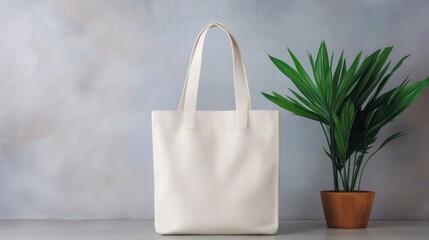 Blank Canvas Tote Bag Mockup with Plant.