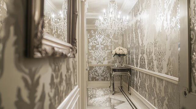 Elegant hallway featuring luxurious wallpaper, antique mirror, and a stylish flower arrangement, creating a refined atmosphere.
