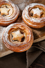 Traditional Christmas mince pies with dried fruits. English festive dessert.