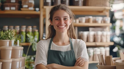 Eco-friendly store with sustainable containers and green consumer products. The young woman smiling proudly in her store highlights her commitment to zero waste and eco-friendly practices.