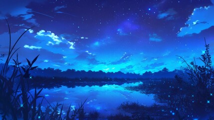 Florida Everglades at night, blue theme, anime style, fantasy like