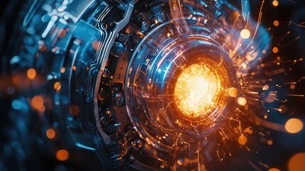 Obraz premium Futuristic energy core with vibrant sparks and glowing elements, symbolizing advanced technology and innovation.