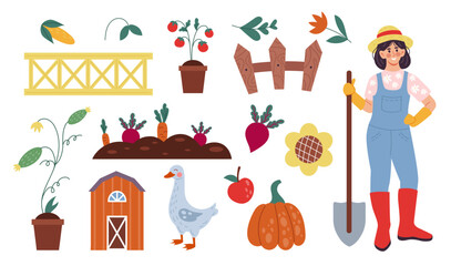 House farm. Cute gardener. Happy agriculture worker. Care of domestic animals. Farmers grow vegetables. Goose bird. Organic products. Home garden harvest. Fence and barn. Vector farming elements set