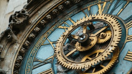 Fototapeta premium Intricate details of a vintage clock showing gears and ornate design, highlighting the beauty of classic craftsmanship.