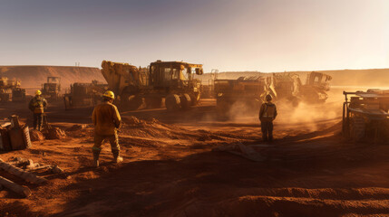 Miners at the mining site, machinery and equipment, protective gear, sunset sunlight