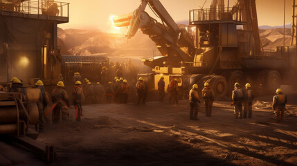 Miners at the mining site, machinery and equipment, protective gear, sunset sunlight