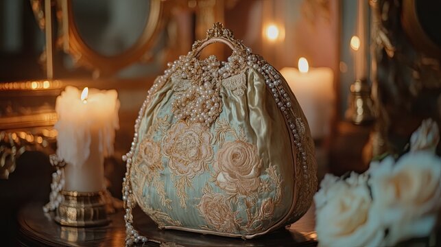 Ornate 18th-century reticule with intricate embroidery and pearls, pastel colors, candlelight, vintage bag