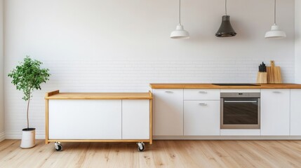 Modern Kitchen Interior with White Cabinets and Wooden Countertop.