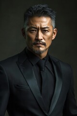 Fototapeta premium Portrait of a male asian artist, Middle Age, wise look, modern suit, Mage the Ascension