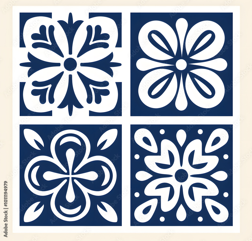 Wall mural blue geometric floral tiles ornament flat style. portuguese azulejo motifs. vintage floor tile geome