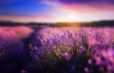 Obraz premium A field of lavender blooms in the golden light of a sunset.