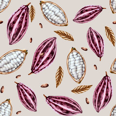 Seamless pattern with watercolor open cocoa pod, fruits and dry leaves. Hand drawn half cacao, beens, realistic organic superfood illustration isolated on background. For designers, pa