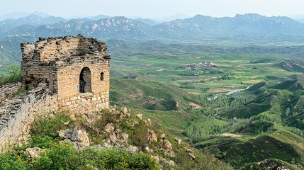 Fototapeta premium Scenic view of ancient ruins overlooking lush valleys and mountains, showcasing historical architecture in a beautiful natural setting.