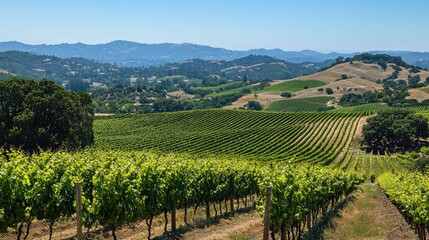 Fototapeta premium Scenic vineyard landscape showcasing lush green rows of grapevines under a clear blue sky, set against rolling hills.
