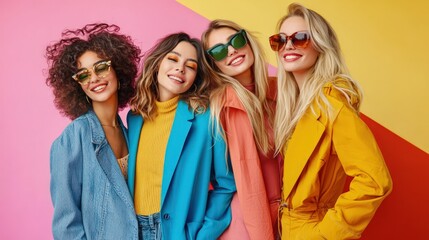 Group portrait of stylish women in fashionable clothing, set against a colorful background. The image captures their cheerful and confident expressions in a studio photo shoot.