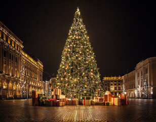 Obraz premium A Huge Christmas Tree Adorned with Bright Lights and Surrounded by Presents for a Joyful Holiday Scene