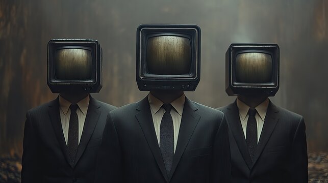 three men with tv heads in suits symbolize brainwashing ,media influence