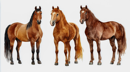 Obraz premium Brown horse collection, including portrait and standing poses, isolated on a white background, animal bundle.
