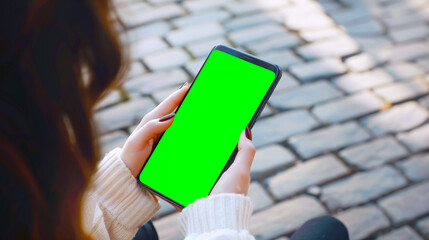 Woman using smartphone with green screen outdoors in urban setting